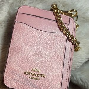 Coach powder pink leather signature card holder wristlet wallet chain ID gold
